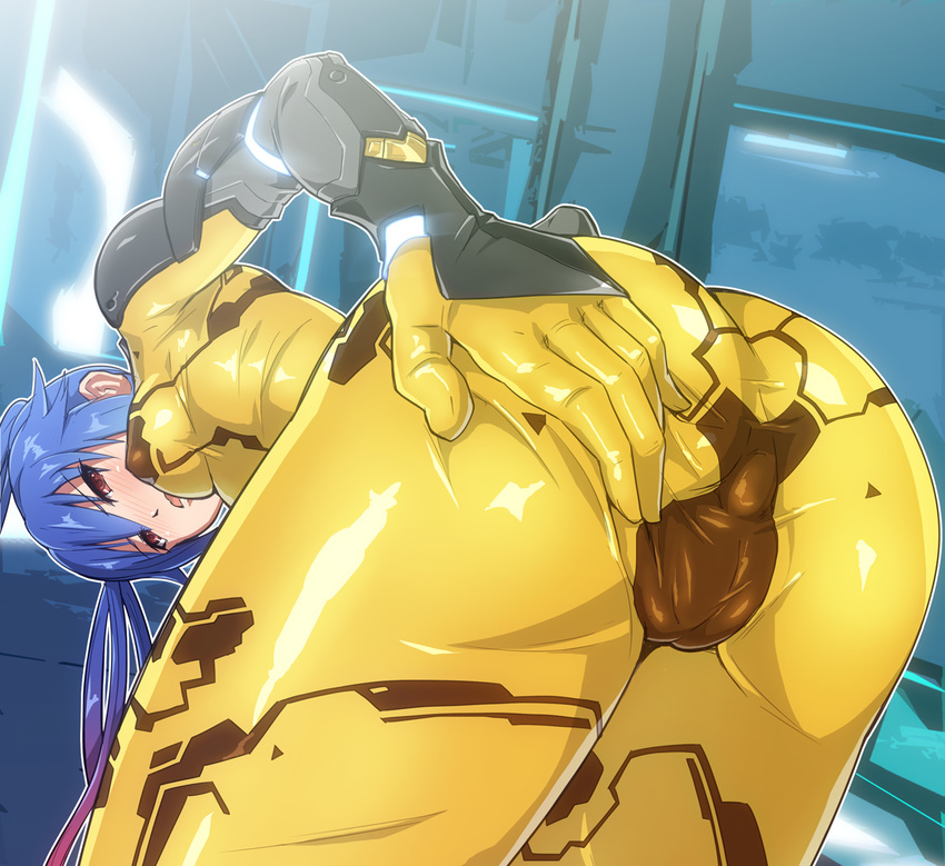 ass blue_hair bodysuit cameltoe cowboy_shot from_behind gradient_hair leaning_forward multicolored_hair nandz phantasy_star phantasy_star_online_2 purple_hair quna_(pso2) red_eyes skin_tight solo spread_ass twintails yellow_bodysuit zelsius