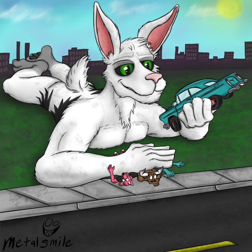 2015 3_toes anthro butt car cattle chest_tuft city cloud fur green_eyes grin hare lagomorph larger_male lying macro male mammal markings metalsmile micro muscles nude outside paws pecs rabbit size_difference sky smile street toes tuft vehicle