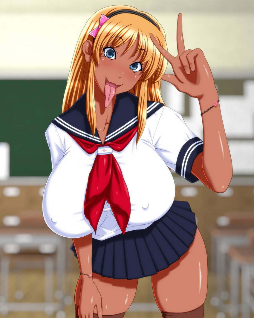 286c arm_up bangs bitch-san_ga_peace blonde_hair blue_eyes blue_skirt blush bow bracelet breasts dark_skin erect_nipples eyelashes hairband huge_breasts jewelry looking_at_viewer miniskirt pink_bow pleated_skirt school_uniform serafuku shiny shiny_skin shirt short_sleeves skindentation skirt solo thighhighs tight tongue tongue_out v white_shirt