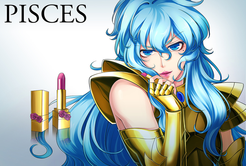 androgynous armor blue_eyes blue_hair full_armor lipstick_tube long_hair male_focus mole pisces_aphrodite saint_seiya solo yonakaforever