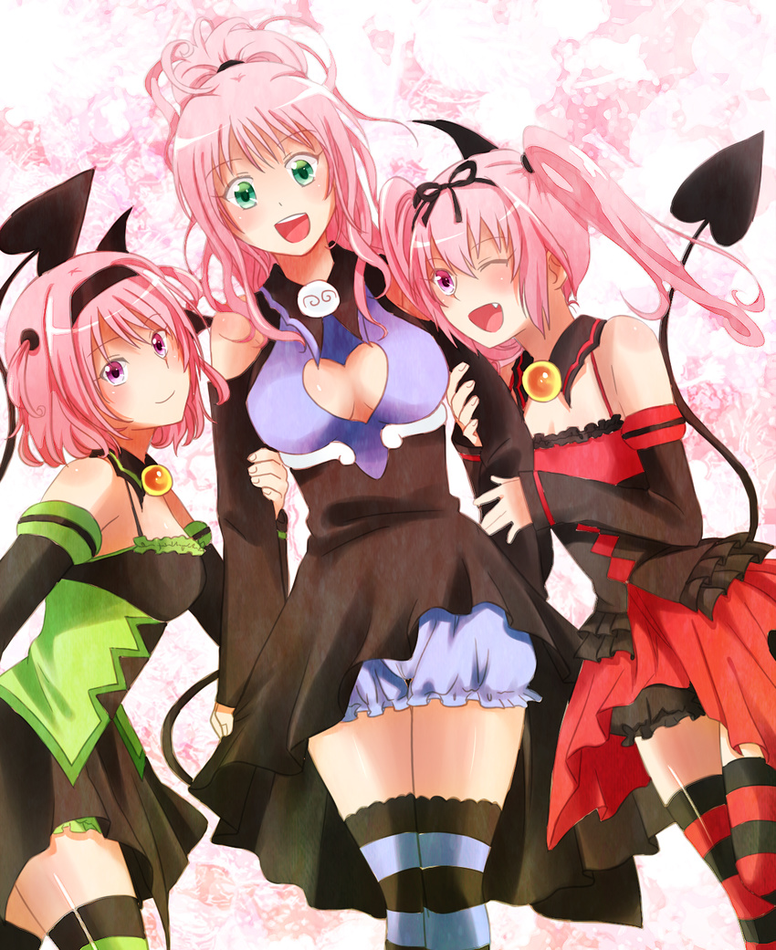 breasts cleavage commentary_request demon_tail flat_chest green_eyes highres lala_satalin_deviluke long_hair mimo_(amimo0805) momo_velia_deviluke multiple_girls nana_asta_deviluke open_mouth pink_eyes pink_hair purple_eyes short_hair siblings smile tail thighhighs to_love-ru twintails
