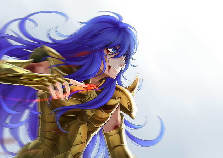 armor battle blood blood_on_face blue_eyes blue_hair full_armor injury male_focus saint_seiya scorpio_milo solo yonakaforever