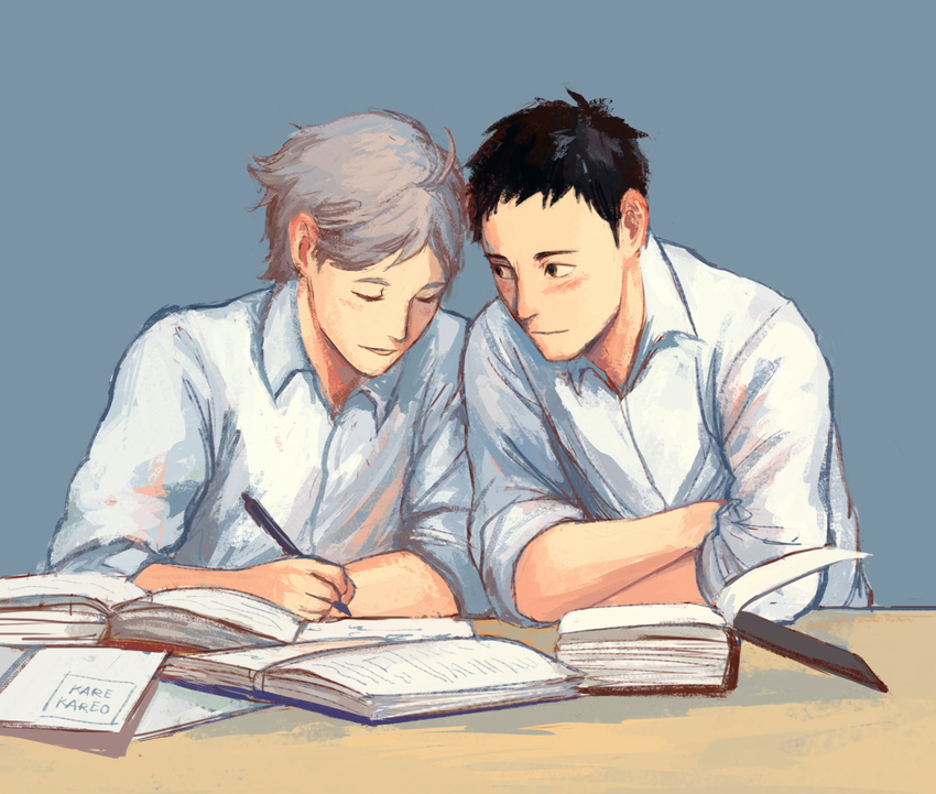 black_eyes black_hair blush book closed_eyes crossed_arms haikyuu!! highres kamille_areopagita long_sleeves multiple_boys pen sawamura_daichi shirt short_hair sitting sleeves_rolled_up sugawara_koushi table white_shirt