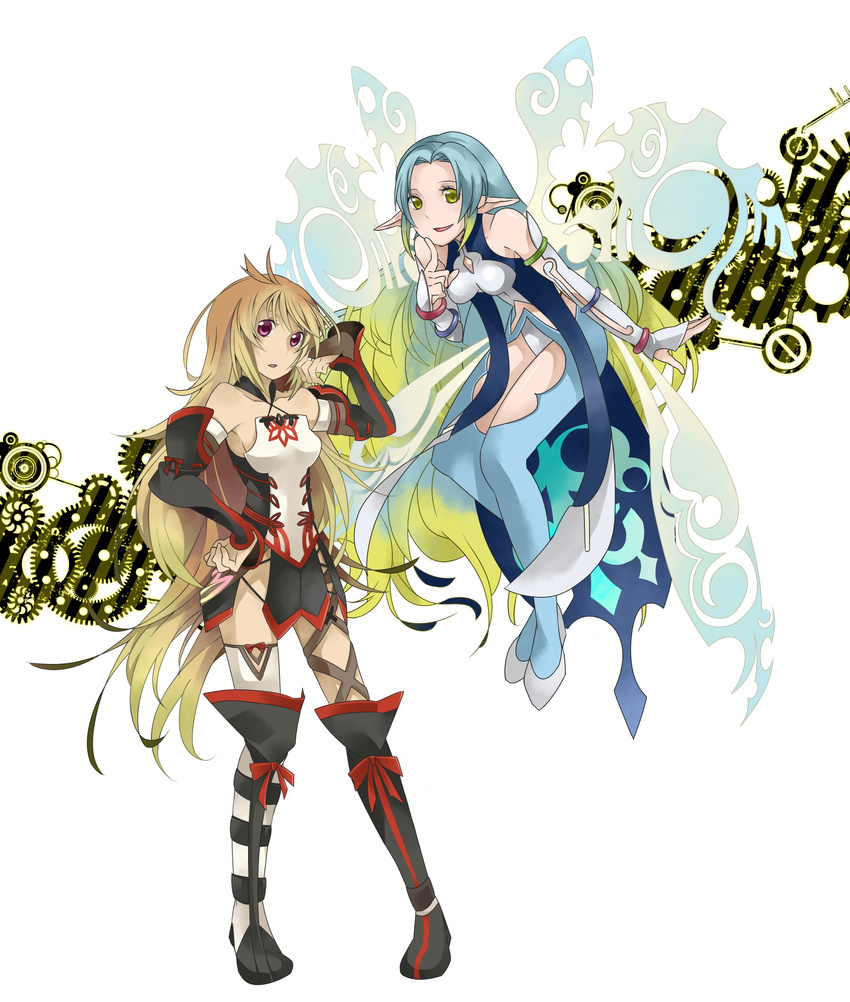 2girls bare_shoulders blue_hair boots bracelet breasts brown_hair detached_sleeves dress green_eyes jewelry milla_(tales_of_xillia_2) multicolored_hair multiple_girls muzet_(tales) open_mouth pantyhose pointy_ears purple_eyes ribbon simple_background skirt tales_of_(series) tales_of_xillia tales_of_xillia_2 thighhighs very_long_hair wings