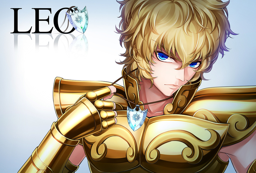 armor blonde_hair blue_eyes full_armor jewelry leo_aiolia male_focus pendant product_placement saint_seiya solo yonakaforever