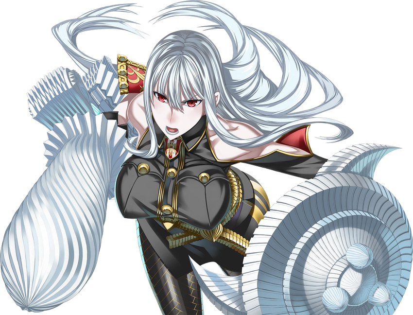 1girl breasts dengeki_bunko_fighting_climax huge_breasts long_hair military_uniform red_eyes selvaria_bles senjou_no_valkyria silver_hair simple_background solo weapon