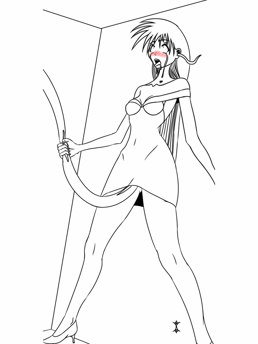 1girl adult ahegao all_the_way_through anatomical_nonsense bad_anatomy bangs bare_shoulders blush breasts collarbone dress female gape hair high_heels intorsus_volo lineart long long_hair monochrome open-back_dress open_mouth original rape rolling_eyes saliva spread_legs standing tears tentacle tentacle_rape tentacle_under_clothes thighs