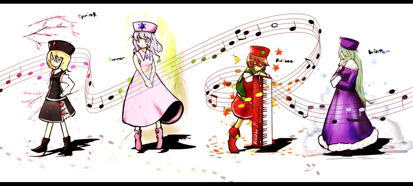 adapted_costume alternate_headwear autumn_leaves beamed_eighth_notes blonde_hair boots brown_eyes brown_hair cherry_blossoms coat crescent dress fur_trim green_hair hair_over_eyes hands_in_opposite_sleeves highres instrument keyboard_(instrument) layla_prismriver letterboxed looking_at_viewer lunasa_prismriver lyrica_prismriver may_(eraser) merlin_prismriver multiple_girls musical_note pink_dress profile purple_eyes quarter_note scarf seasons shadow siblings silver_hair sisters skirt skirt_set staff_(music) star sun_(symbol) sundress touhou tree_branch yellow_eyes