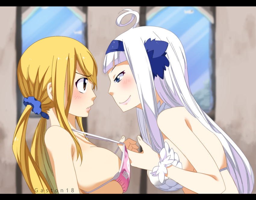 adjusting_clothes adjusting_swimsuit ahoge angel_(fairy_tail) arm artist_name bare_shoulders bikini bikini_pull bikini_top blonde_hair blue_eyes blush bra breasts eye_contact face-to-face fairy_tail female gaston18 hairband half-closed_eyes incipient_kiss large_breasts lips long_hair looking_at_another low_twintails lucy_heartfilia mouth multiple_girls naughty_face neck parted_lips pink_bikini pink_swimsuit scrunchie shy sideboob smile swimsuit twintails underwear upper_body white_bikini white_hair white_swimsuit window yuri