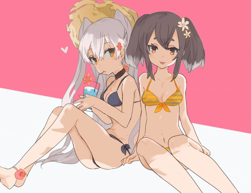 :p agu amatsukaze_(kantai_collection) anklet barefoot bikini black_bikini black_hair breasts choker cleavage collarbone cup drinking drinking_glass drinking_straw flower front-tie_top hair_flower hair_ornament halterneck heart holding jewelry kantai_collection knees_up long_hair looking_at_viewer multicolored_hair multiple_girls navel orange_eyes silver_hair sitting small_breasts striped striped_bikini swimsuit tokitsukaze_(kantai_collection) tongue tongue_out twintails two-tone_hair two_side_up