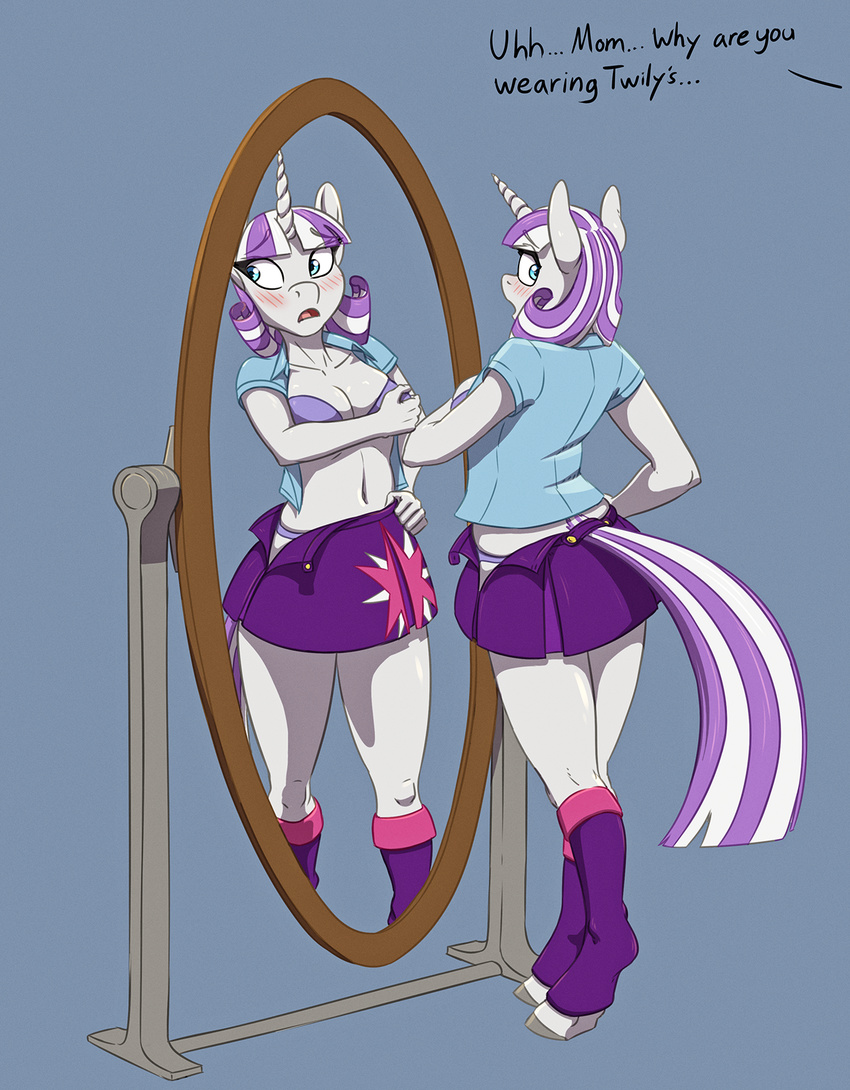 2015 anthro anthrofied blue_eyes blush breasts cleavage clothed clothing dialogue english_text equine female friendship_is_magic hair hobbsmeerkat horn mammal mirror multicolored_hair my_little_pony navel open_mouth panties solo text twilight_velvet_(mlp) two_tone_hair underwear unicorn
