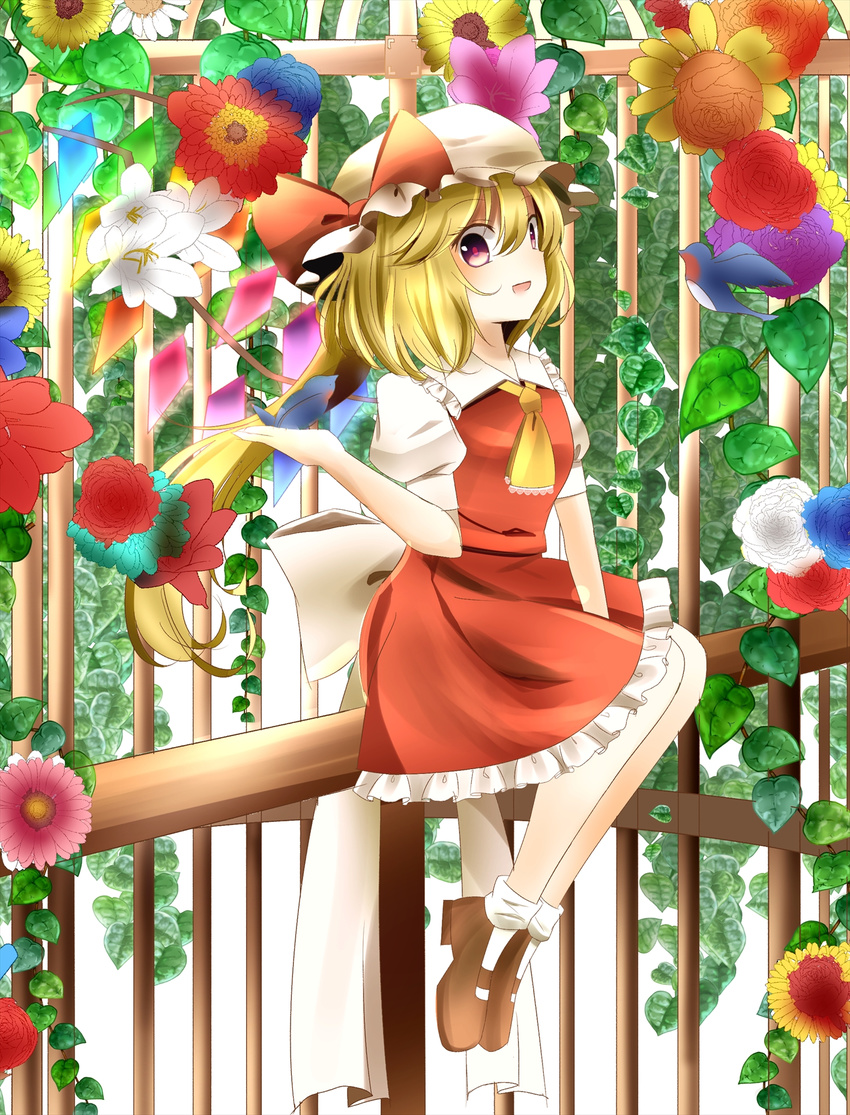 ascot birdcage blonde_hair cage flandre_scarlet flower hat hat_ribbon highres indo_(mdtanaka2007) long_hair mob_cap open_mouth pink_eyes puffy_short_sleeves puffy_sleeves ribbon sash shirt short_sleeves side_ponytail sitting smile solo touhou very_long_hair wings