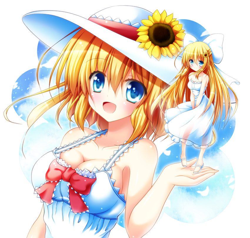 alice_margatroid alternate_costume bare_shoulders blonde_hair blue_eyes blue_sky bow breasts cleavage cloud collarbone day dress flower hair_bow hair_flower hair_ornament hat highres large_breasts long_hair matching_shanghai no_bra open_mouth osashin_(osada) shanghai_doll sky sleeveless sleeveless_dress smile sundress sunflower touhou v_arms very_long_hair white_dress