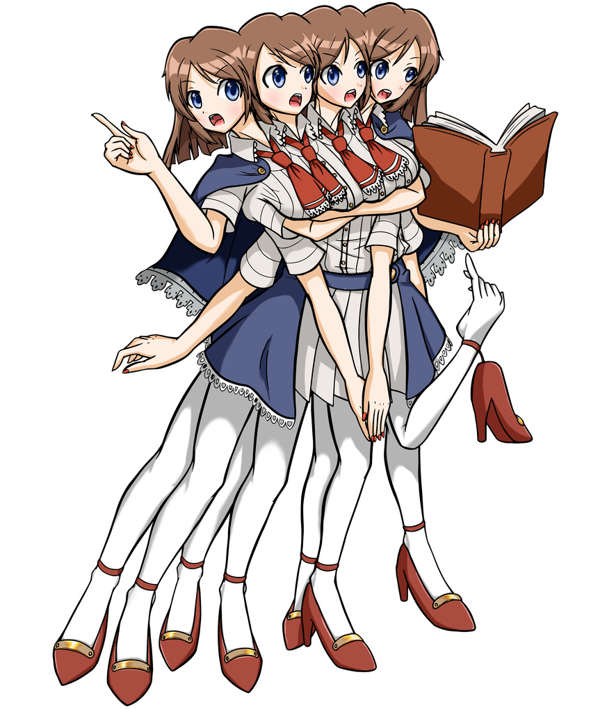 4girls belt blue_eyes book breasts brown_hair cape conjoined crossed_arms high_heels jim830928 multi_arm multi_breast multi_head multi_leg multi_limb multiple_girls nail_polish necktie open_mouth phena_aulin shirt simple_background skirt thighhighs tie