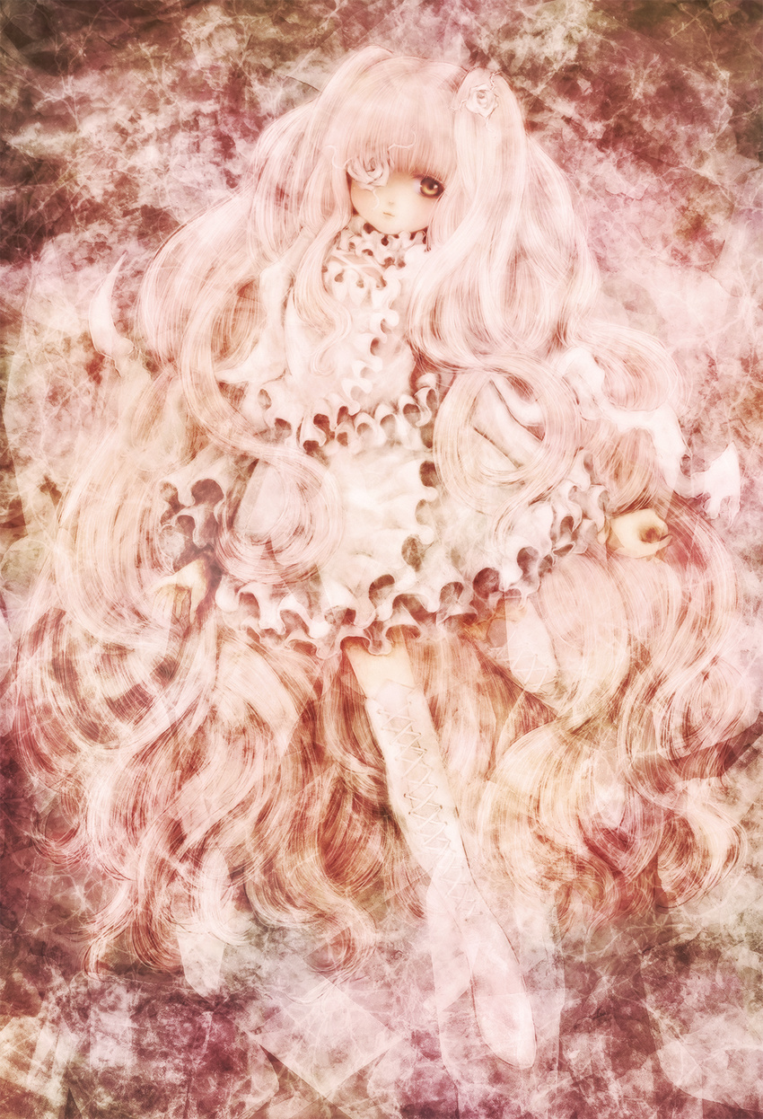 absurdly_long_hair bad_id bad_pixiv_id bebitera boots cross-laced_footwear dress expressionless eyepatch flower frilled_dress frills gradient gradient_background hair_flower hair_ornament highres kirakishou knee_boots long_hair long_sleeves looking_at_viewer red_eyes rose rozen_maiden solo twintails very_long_hair white_flower white_hair white_rose