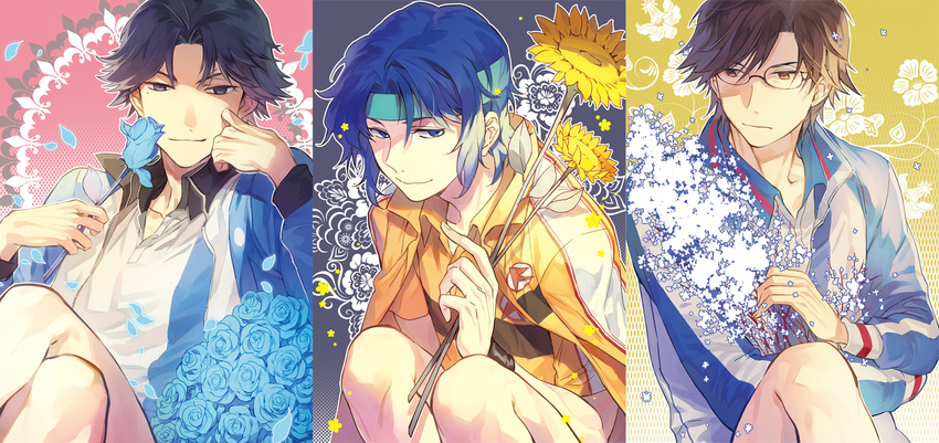 androgynous atobe_keigo flower glasses headband highres jacket_on_shoulders jersey male_focus mansu mole multiple_boys tennis_no_ouji-sama tezuka_kunimitsu yukimura_seiichi