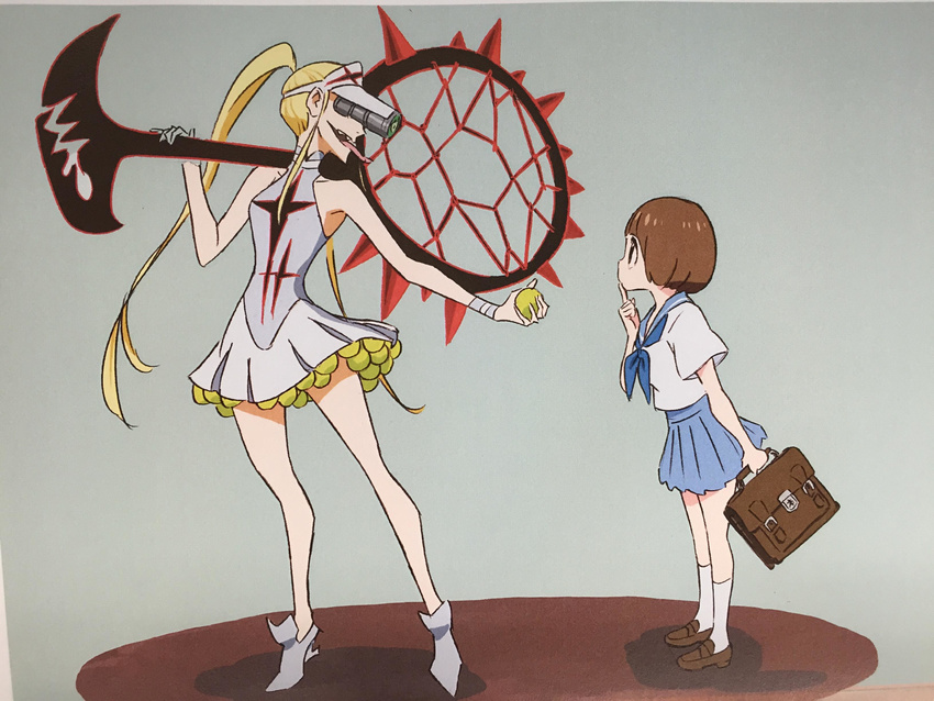 absurdres bag ball blonde_hair bob_cut brown_hair hakodate_omiko highres kill_la_kill long_hair mankanshoku_mako multiple_girls official_art racket school_uniform scope serafuku sharp_teeth short_hair skirt sportswear sushio teeth tennis_ball tennis_racket tennis_uniform tongue tongue_out twintails visor_cap