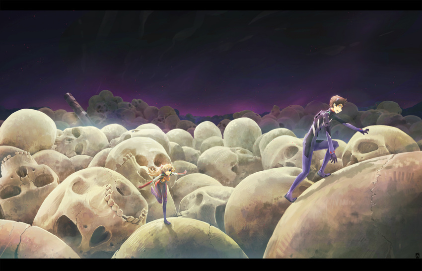 1girl blonde_hair clenched_teeth climbing entry_plug evangelion:_3.0_you_can_(not)_redo eyepatch highres ikari_shinji letterboxed long_hair mr_very neon_genesis_evangelion oversized_object plugsuit purple rebuild_of_evangelion running shikinami_asuka_langley skull souryuu_asuka_langley teeth