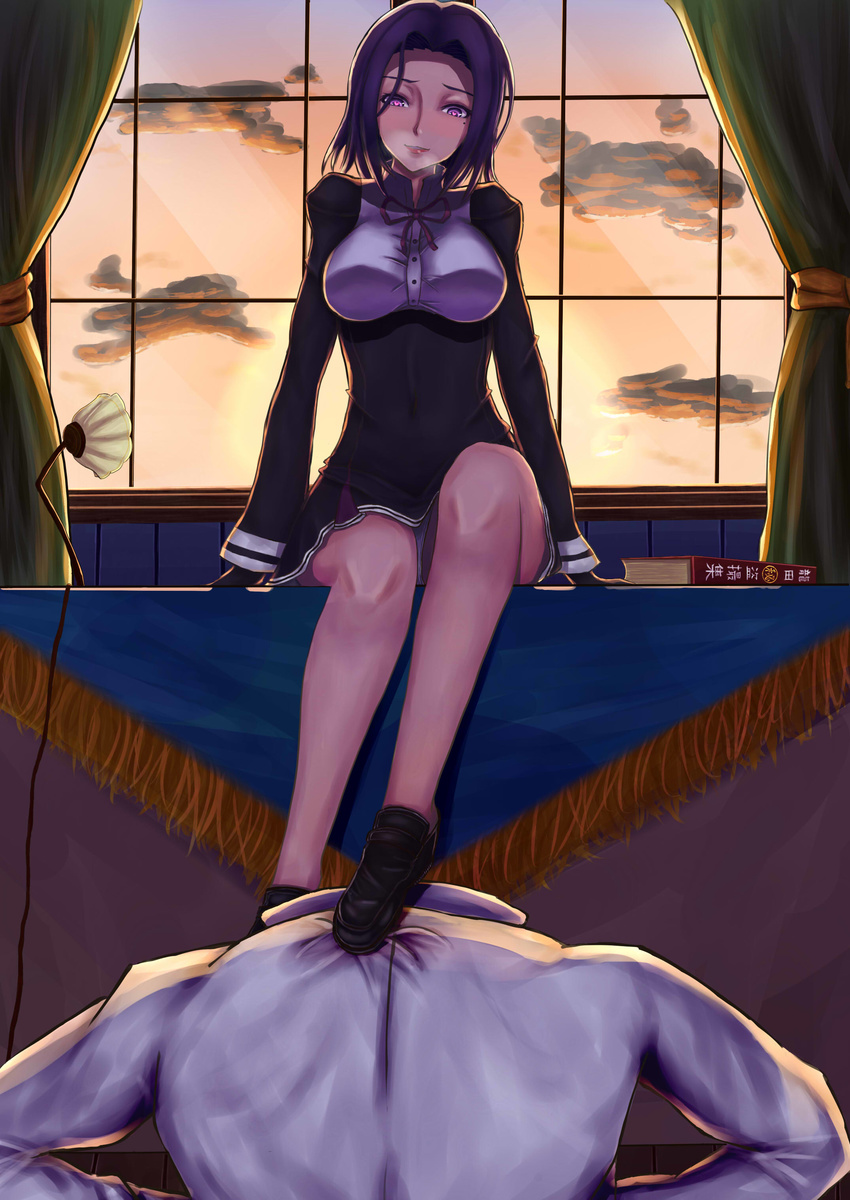 1girl absurdres admiral_(kantai_collection) bdsm blush desk evening heart heart-shaped_pupils heavy_breathing highres itapi kantai_collection looking_at_another mole mole_under_eye on_desk purple_eyes purple_hair school_uniform short_hair sitting sitting_on_desk symbol-shaped_pupils tatsuta_(kantai_collection)