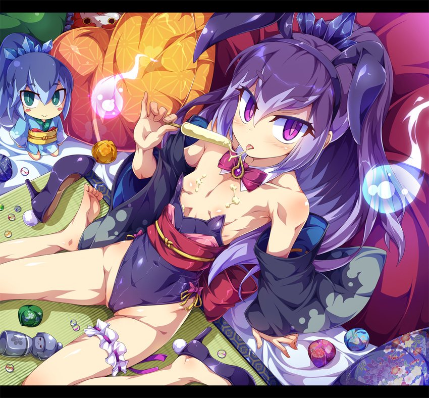 :&gt; animal_ears asa_no_ha_(pattern) bare_legs bare_shoulders barefoot blue_eyes blue_hair blush_stickers bow bowtie breasts bunny_ears bunnysuit cameltoe covered_navel detached_sleeves food from_above fubukihime hyakkihime japanese_clothes jibanyan kikkoumon kimono leg_garter letterboxed long_hair multiple_girls pillow popsicle purple_eyes purple_hair sexually_suggestive sitting small_breasts toraishi_666 wariza youkai youkai_watch