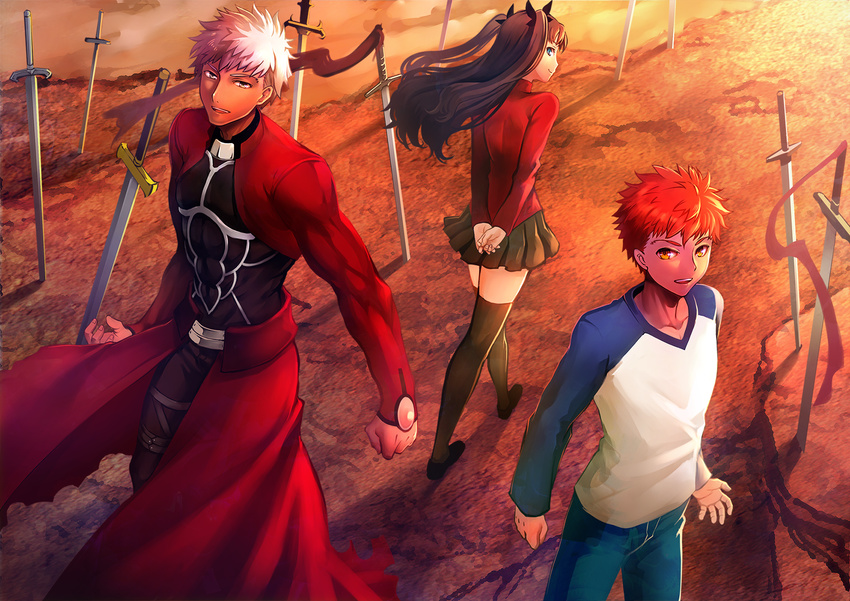 2boys archer bam_mmm dark_skin emiya_shirou fate/stay_night fate_(series) field_of_blades highres multiple_boys orange_hair planted_weapon thighhighs toosaka_rin unlimited_blade_works weapon white_hair