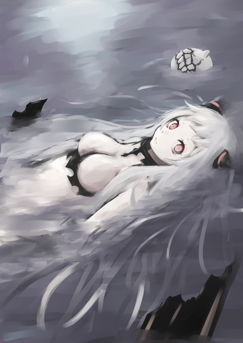 afloat airfield_hime bad_id bad_pixiv_id expressionless highres horns kantai_collection long_hair looking_at_viewer pale_skin partially_submerged red_eyes shinkaisei-kan takagaki_eru very_long_hair white_hair