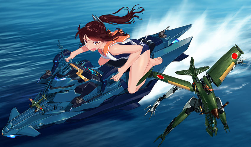 aircraft airplane bare_legs barefoot blew_andwhite brown_eyes brown_hair feet hair_ornament highres i-401_(kantai_collection) jet_ski kantai_collection long_hair m6a_seiran mecha open_mouth ponytail revision school_swimsuit school_uniform serafuku smile soles solo swimsuit swimsuit_under_clothes textless toes water
