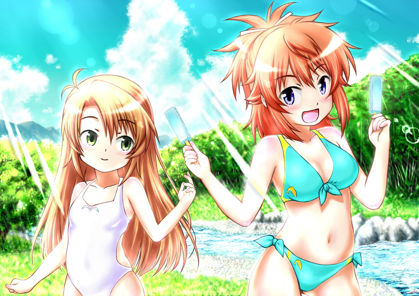 alternate_color bikini blue_eyes brown_hair food green_eyes highres koshigaya_komari koshigaya_natsumi kurimuzon long_hair multiple_girls non_non_biyori one-piece_swimsuit popsicle red_hair short_hair siblings sisters swimsuit