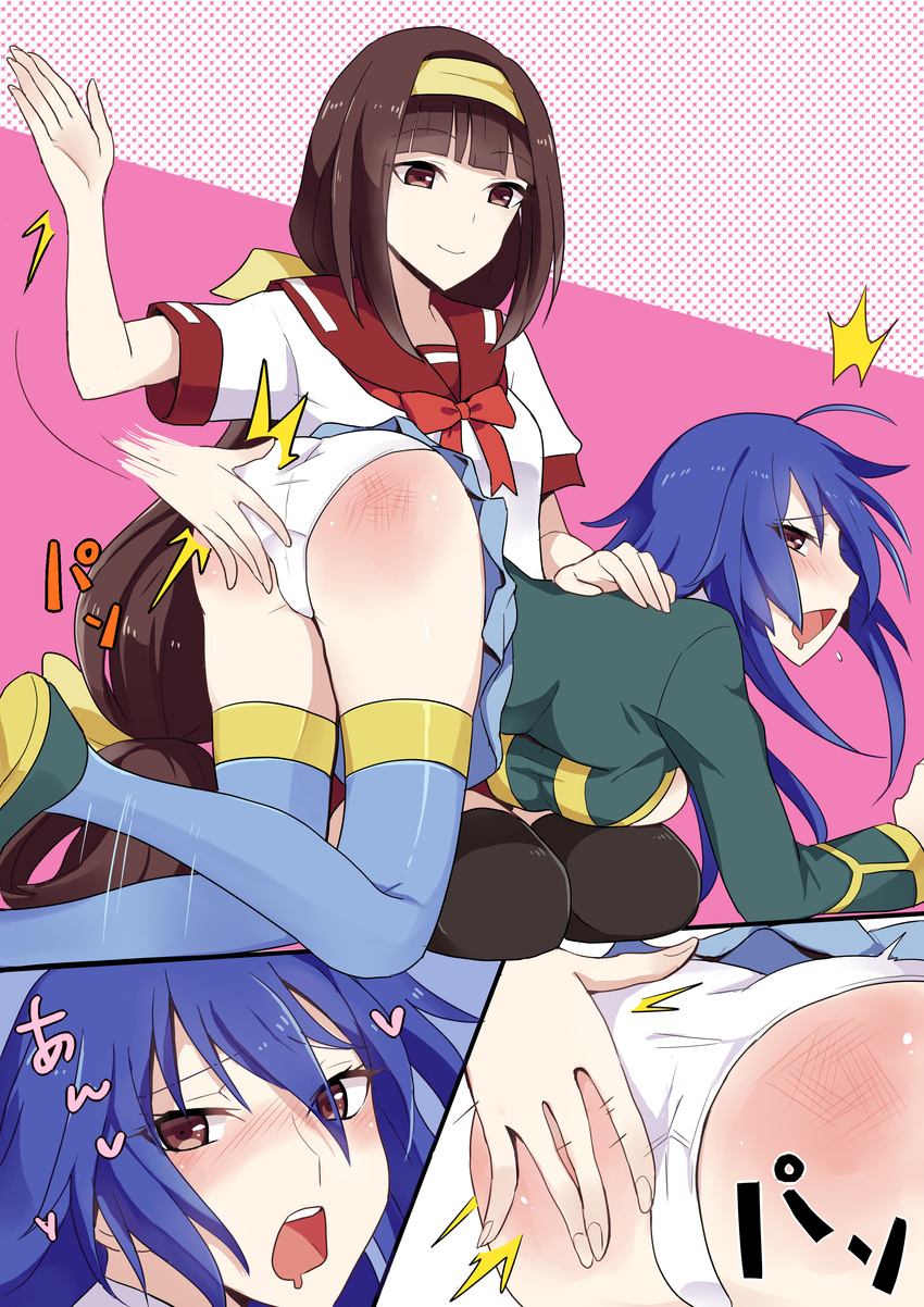 2girls ajimu_najimi ass blue_hair brown_eyes brown_hair et_(artist) heart kurokami_medaka long_hair medaka_box multiple_girls panties polka_dot_background saliva simple_background spanked spanking thighhighs underwear