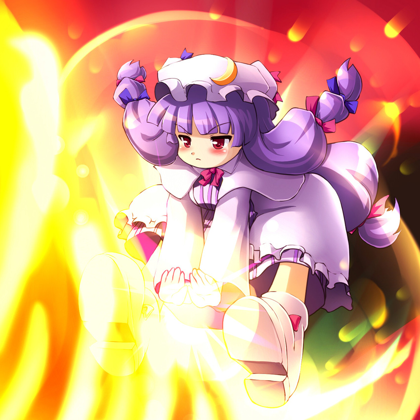 blush hair_ribbon hat highres long_hair patchouli_knowledge purple_hair red_eyes ribbon shoes solo tdk touhou