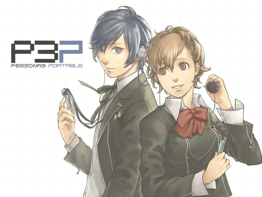 1girl bad_id bad_pixiv_id blue_eyes blue_hair brown_eyes brown_hair digital_media_player female_protagonist_(persona_3) hair_ornament hairclip headphones minato_(robin) persona persona_3 persona_3_portable ribbon school_uniform short_hair smile yuuki_makoto