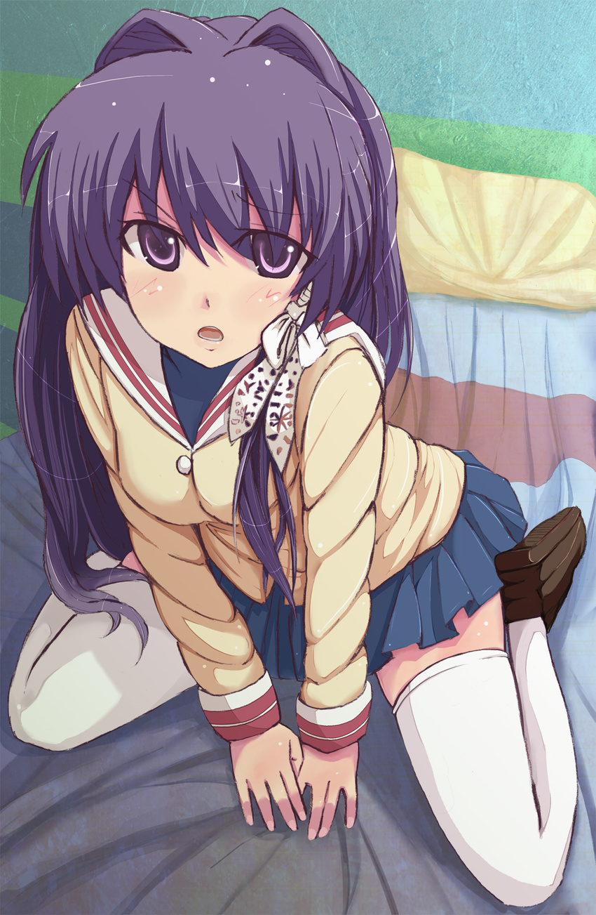 bad_id bad_pixiv_id clannad ebibaachan face fujibayashi_kyou highres hikarizaka_private_high_school_uniform kneeling long_hair purple_eyes purple_hair school_uniform solo thighhighs zettai_ryouiki