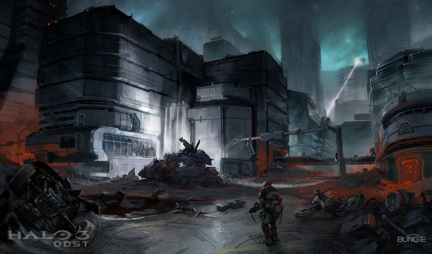 b455 battle battle_rifle blood city corpse ground_vehicle gun halo_(game) highres military military_vehicle motor_vehicle motorcycle night odst official_art rifle rubble soldier spartan_laser tank the_rookie warthog_(halo) watermark weapon
