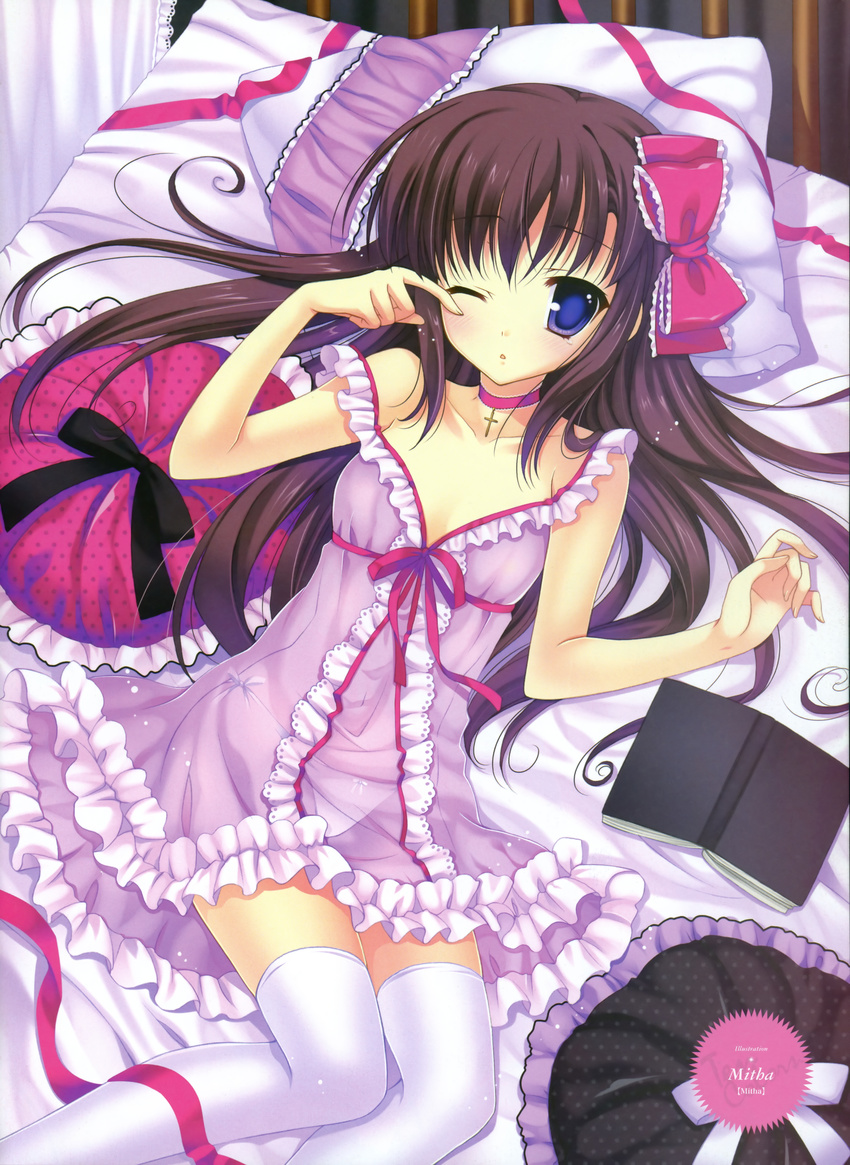 absurdres bed bed_sheet blue_eyes blush book bow bow_panties brown_hair dengeki_moeou hair_ribbon highres long_hair lying mitha on_back on_bed one_eye_closed open_book panties pillow ribbon see-through side-tie_panties solo thighhighs underwear white_legwear white_panties