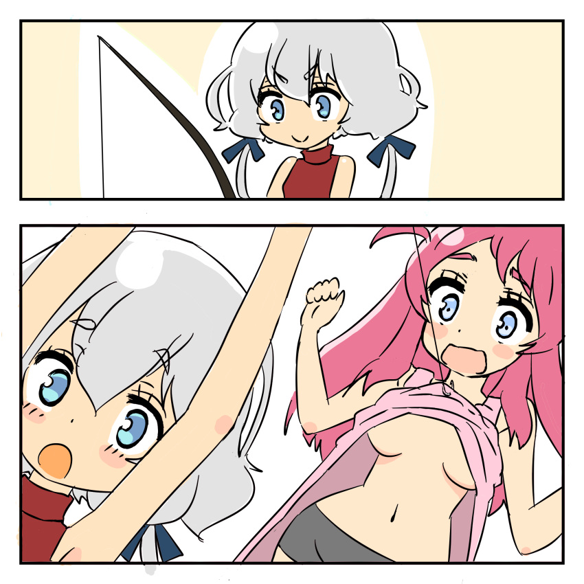 2koma accident accidental_exposure arms_up bare_shoulders blue_eyes blush blush_stickers bow breasts clothes_lift comic dutch_angle eyebrows_visible_through_hair fishing_rod grey_hair hair_bow konno_junko large_breasts long_hair minamoto_sakura multiple_girls navel no_bra oops open_mouth red_hair shorts smile standing surprised tekisui tied_hair underboob upper_body zombie zombie_land_saga