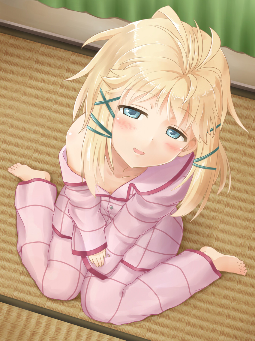 bangs bare_shoulders black_bullet blonde_hair blue_eyes blunt_bangs blush curtains from_above highres indoors kamelie long_hair looking_at_viewer messy_hair off_shoulder pajamas pants parted_lips plaid plaid_pants plaid_shirt shirt shirt_down sitting sleepwear solo tatami tina_sprout v_arms