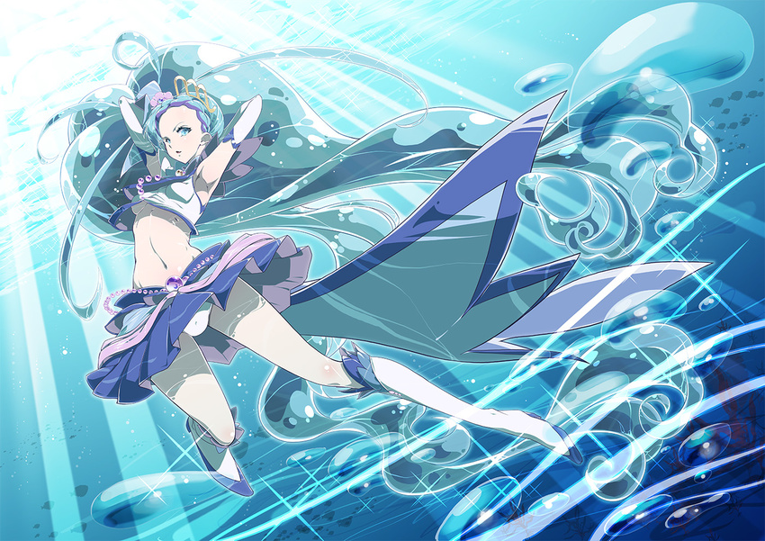 absurdly_long_hair big_hair blue_eyes blue_hair boots braid breasts bubble commentary_request cure_mermaid fish go!_princess_precure hamuhamu kaidou_minami knee_boots light_rays long_hair looking_at_viewer magical_girl marine_day medium_breasts midriff multicolored_hair navel no_bra panties pantyshot precure purple_hair skirt solo sparkle two-tone_hair underboob underwater underwear very_long_hair white_footwear