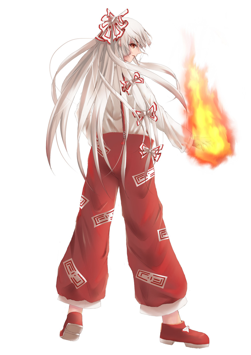 bow burning_hand cigarette commentary_request fire fujiwara_no_mokou hair_bow highres long_hair looking_at_viewer profile red_eyes silver_hair smile smoking solo suspenders touhou weiyinji_xsk white_background