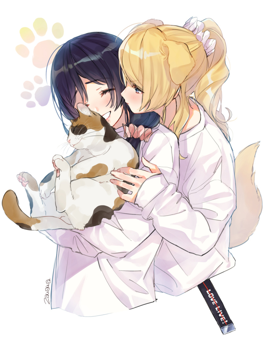 2girls ^_^ animal animal_ears artist_name ayase_eli black_hair blonde_hair blue_eyes blush calico cat closed_eyes copyright_name cropped_torso dog_ears dog_tail eyes_closed grin hair_ornament hair_over_shoulder hair_scrunchie hand_on_another's_arm highres holding holding_cat jealous kemonomimi_mode long_hair long_sleeves looking_at_another love_live! love_live!_school_idol_project low-tied_long_hair multiple_girls paw_print pink_scrunchie ponytail scrunchie shirt sidelocks smile tail toujou_nozomi upper_body white_background white_scrunchie white_shirt yuri zawawa_(satoukibi1108)