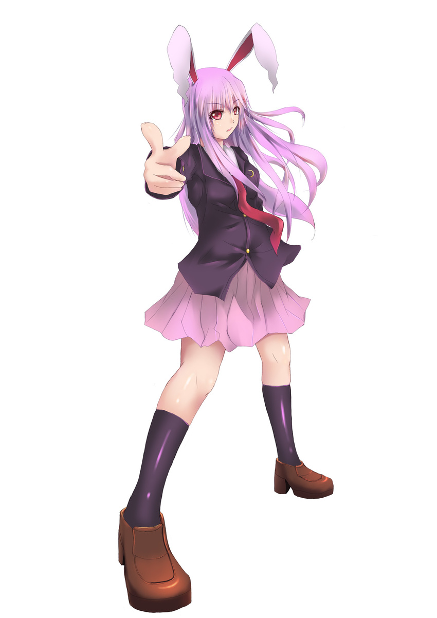 animal_ears blazer bunny_ears commentary_request highres jacket long_hair looking_at_viewer necktie pointing pointing_at_viewer purple_hair purple_legwear red_eyes reisen_udongein_inaba skirt solo touhou weiyinji_xsk white_background