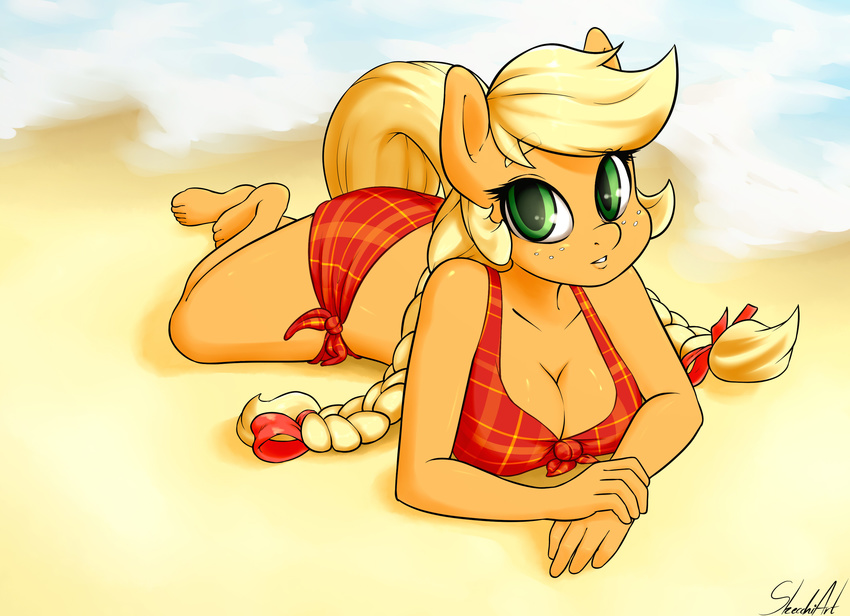 2015 anthro anthrofied applejack_(mlp) barefoot beach blonde_hair braided_hair cleavage clothed clothing earth_pony equine female freckles friendship_is_magic green_eyes hair hi_res horse humanoid_feet long_hair looking_at_viewer lying mammal my_little_pony on_front outside plantigrade pony seaside skecchiart solo