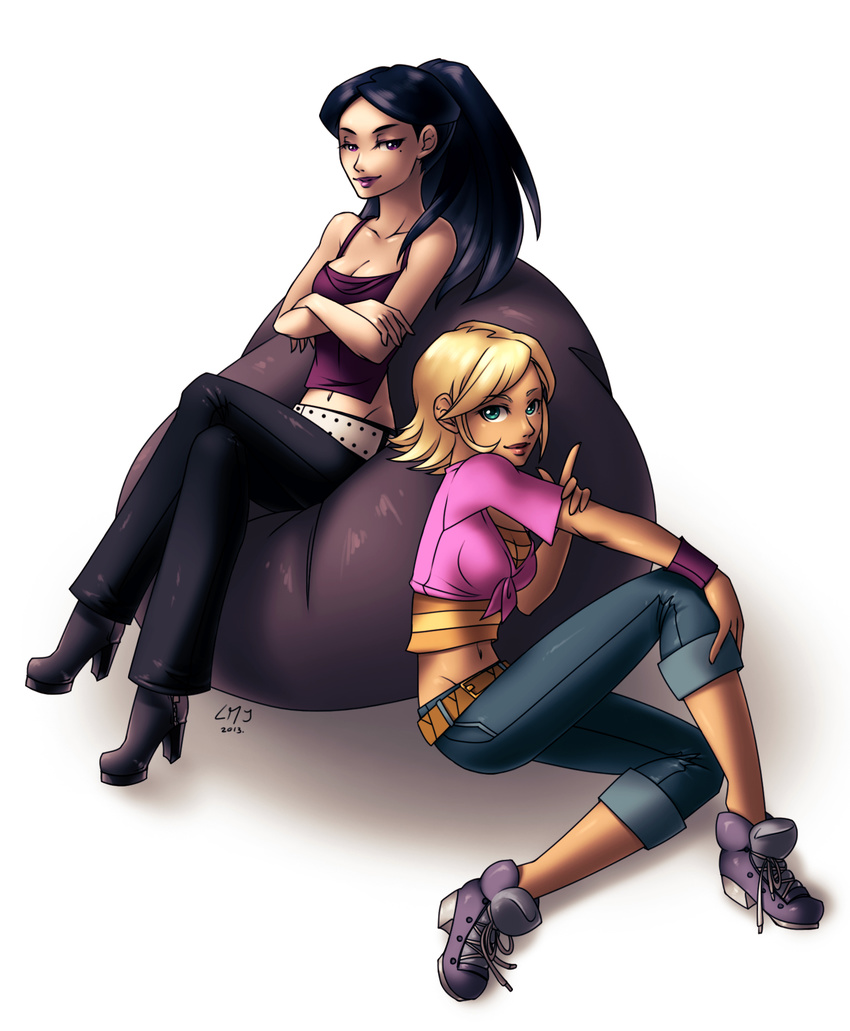 belt black_hair blonde_hair blue_eyes boots breasts cleavage crossed_arms denim front-tie_top green_eyes high_heel_boots high_heels jeans legs_crossed lips lipstick looking_at_viewer makeup mandy_(totally_spies) midriff mindy_(totally_spies) multiple_girls navel pants ponytail purple_eyes purple_lipstick short_hair simple_background sitting tank_top totally_spies