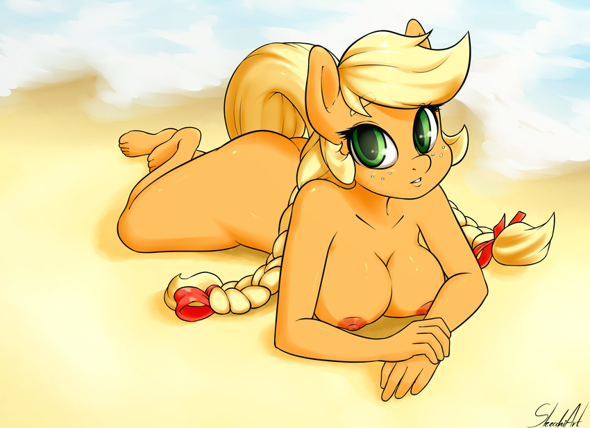 2015 anthro anthrofied applejack_(mlp) areola barefoot beach blonde_hair braided_hair breasts earth_pony equine female freckles friendship_is_magic green_eyes hair hi_res horse humanoid_feet long_hair looking_at_viewer lying mammal my_little_pony nipples nude on_front outside plantigrade pony seaside skecchiart solo