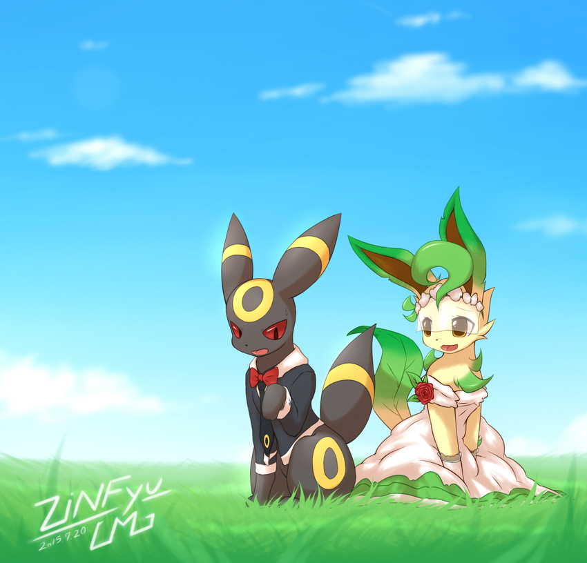 2015 ahoge black_fur blue_sky bow_tie bride brown_eyes clothed clothing cloud couple cute dress eeveelution female feral fur grass groom leaf leafeon male mammal necktie nintendo open_mouth outside paws pok&eacute;mon red_eyes sitting sky smile umbreon veil video_games wedding_dress zinfyu