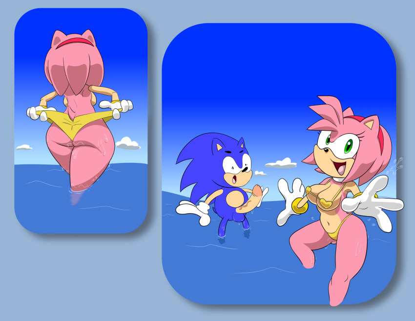 amy_rose big_butt bikini breasts butt clothing erection female panties parumpi_(artist) presenting sea shocked sonic_(series) sonic_the_hedgehog splash surprise sweat swimsuit thick_thighs thong underwear water wide_hips