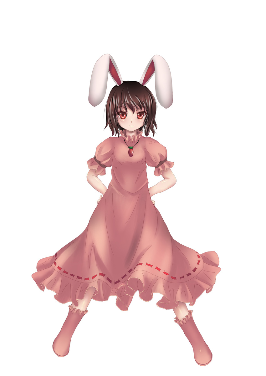 animal_ears black_hair bunny_ears carrot_necklace commentary_request dress hands_on_hips highres inaba_tewi jewelry looking_at_viewer necklace red_eyes ribbon_trim short_hair smile solo touhou weiyinji_xsk white_background