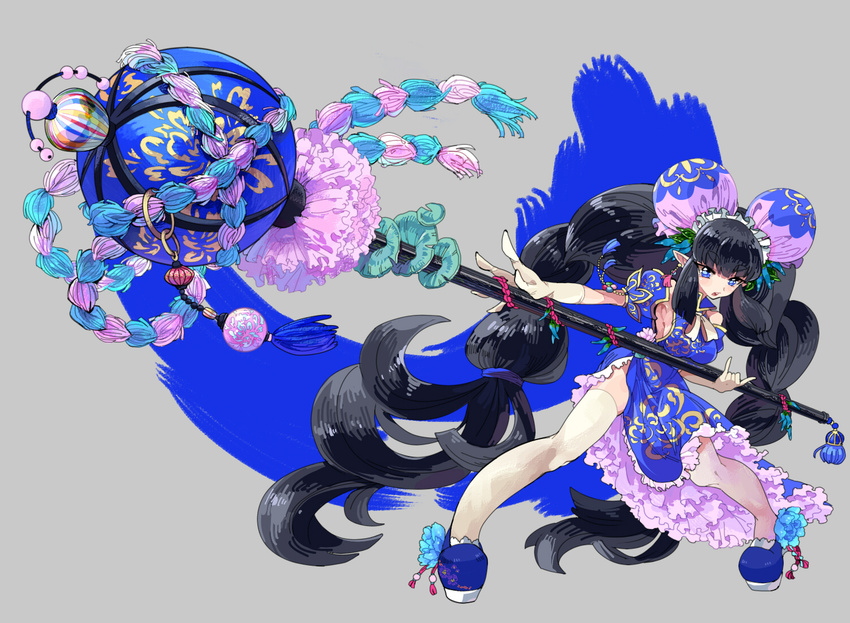 \m/ aano_(10bit) absurdly_long_hair black_hair blue_eyes braid breasts china_dress chinese_clothes detached_sleeves double_bun dress frilled_dress frills full_body gloves headdress holding holding_weapon long_hair looking_at_viewer medium_breasts open_mouth original pointy_ears sideboob solo thighhighs twin_braids very_long_hair weapon white_gloves white_legwear