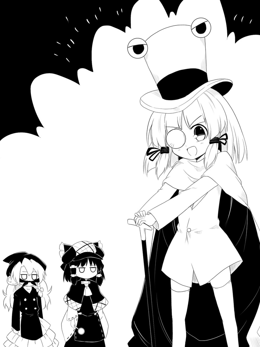 alternate_costume ascot bow cane cape capelet commentary cosplay deerstalker dress futa_(nabezoko) greyscale hair_bow hair_ornament hair_ribbon hair_tubes hakurei_reimu hat highres james_moriarty james_moriarty_(cosplay) jitome kirisame_marisa magnifying_glass mask monochrome monocle moriya_suwako multiple_girls pyonta ribbon sherlock_holmes sherlock_holmes_(cosplay) sidelocks the_adventures_of_sherlock_holmes thighhighs top_hat touhou