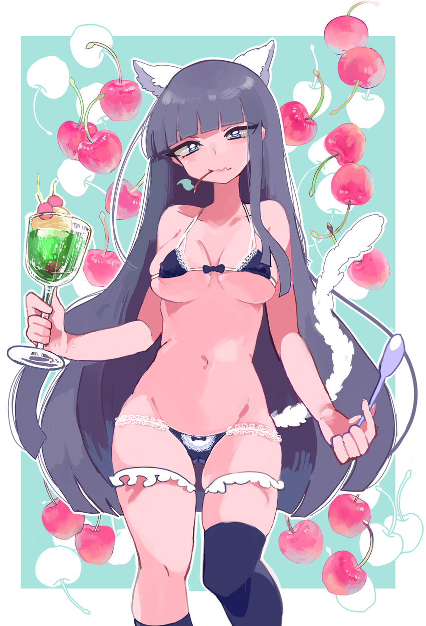 aano_(10bit) absurdres animal_ears asymmetrical_legwear bad_id bad_pixiv_id bikini black_hair black_legwear blue_eyes breasts cameltoe cat_ears cat_tail cherry cleavage covered_nipples cup drinking_glass fake_animal_ears fake_tail food frilled_bikini frills fruit groin highres hime_cut ice_cream kneehighs long_hair looking_at_viewer medium_breasts micro_bikini naishi-chan navel original single_kneehigh single_thighhigh smile solo spoon swimsuit tail thighhighs very_long_hair wine_glass