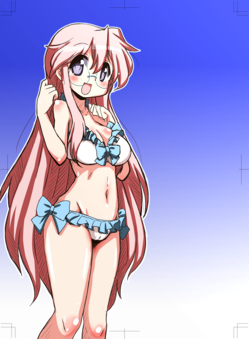 :d bikini blush breasts frilled_bikini frills glasses gradient gradient_background highres long_hair looking_at_viewer lucky_star medium_breasts mizushima_(p201112) open_mouth paintbrush pink_hair purple_eyes smile solo swimsuit takara_miyuki trim_marks very_long_hair